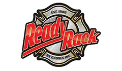 A red and white logo for the ready rack.