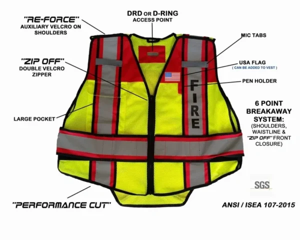 Yellow and red safety vest with "FIRE" on back.