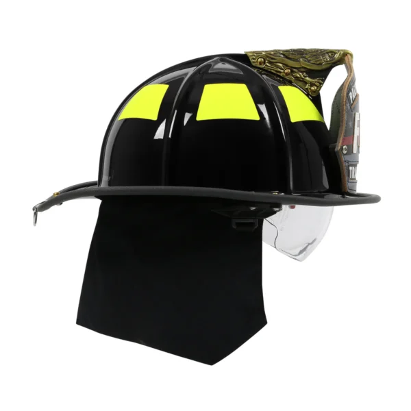 Black firefighter helmet with yellow stripes.