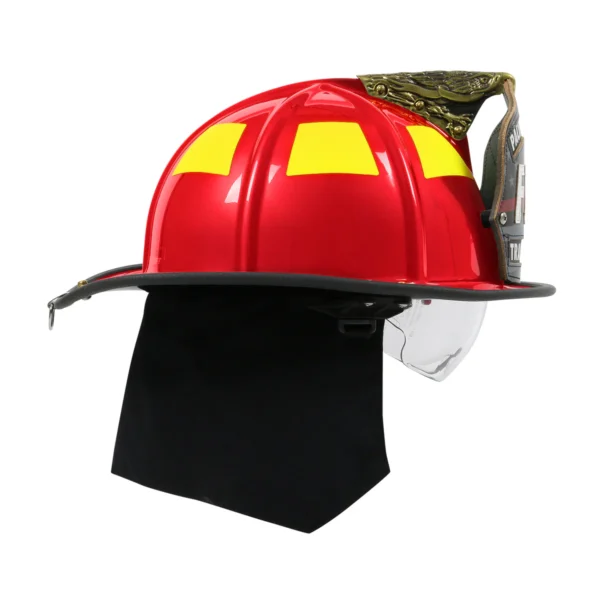 Red firefighter helmet with black neck flap.