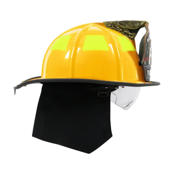 Yellow firefighter helmet with face shield.