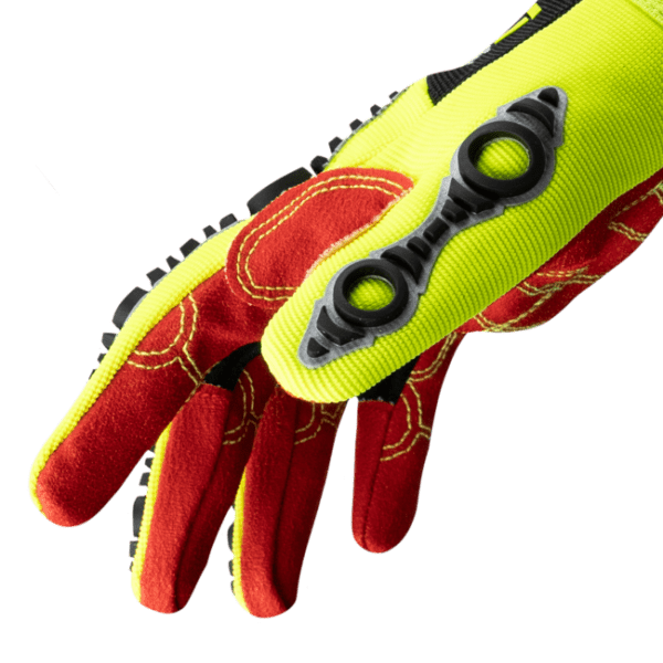 Red and yellow work gloves with grip.