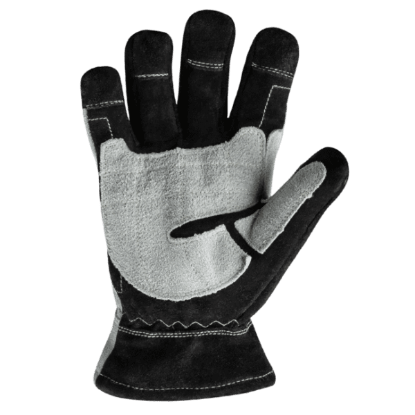 Black and grey work glove, palm side up.