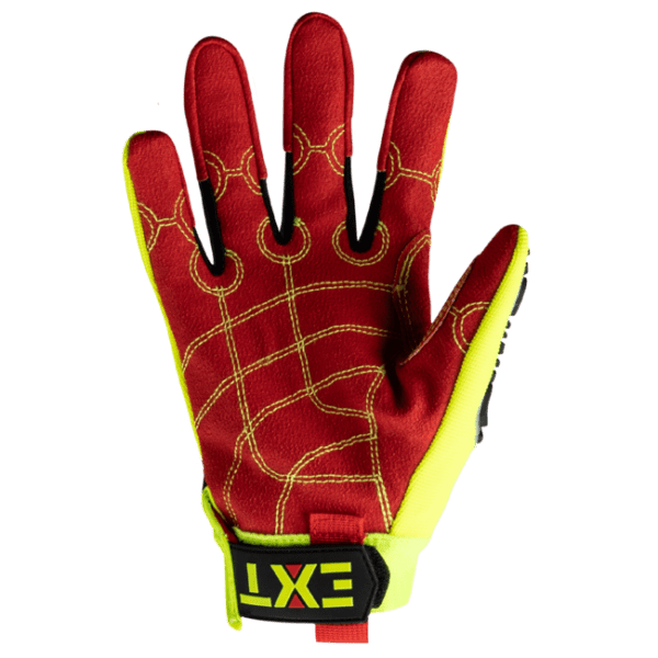 Red and yellow work glove with logo.