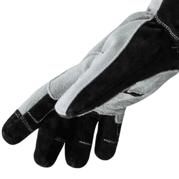 Black and gray work gloves with fingers extended.