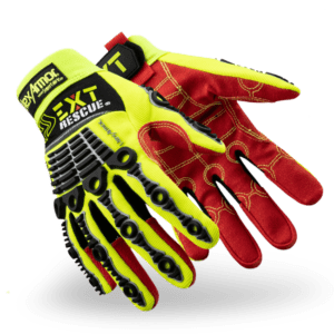 Yellow and red safety gloves with black accents.