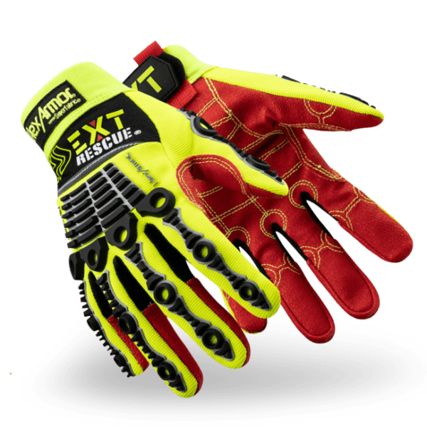 Yellow and red safety gloves with black accents.