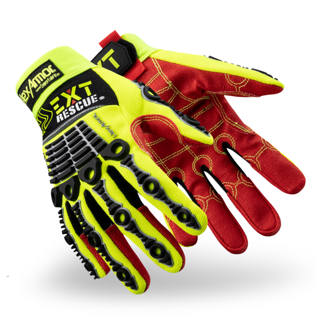 Yellow and red safety gloves with black accents.