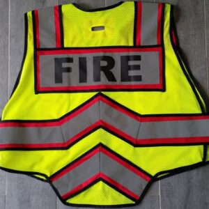 Yellow fire safety vest with reflective striping.