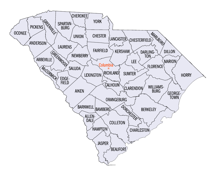 A map of the state of south carolina with county lines.