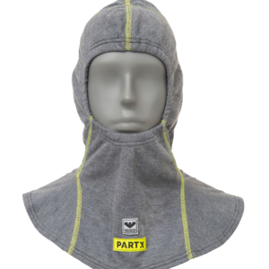 Gray nomex hood with yellow stitching.