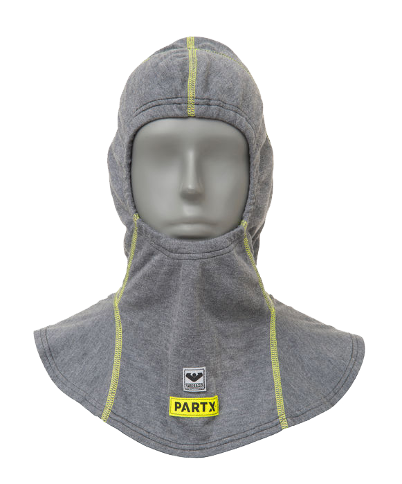 Gray nomex hood with yellow stitching.