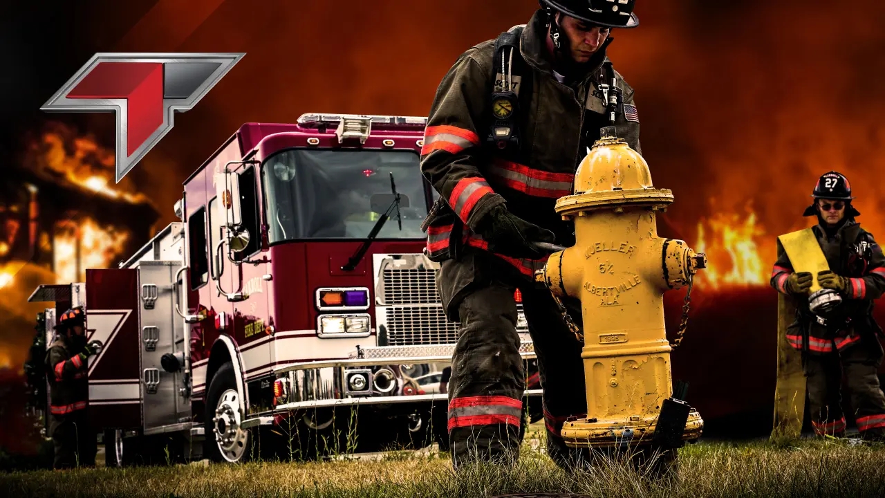 A fireman is standing next to a fire hydrant.