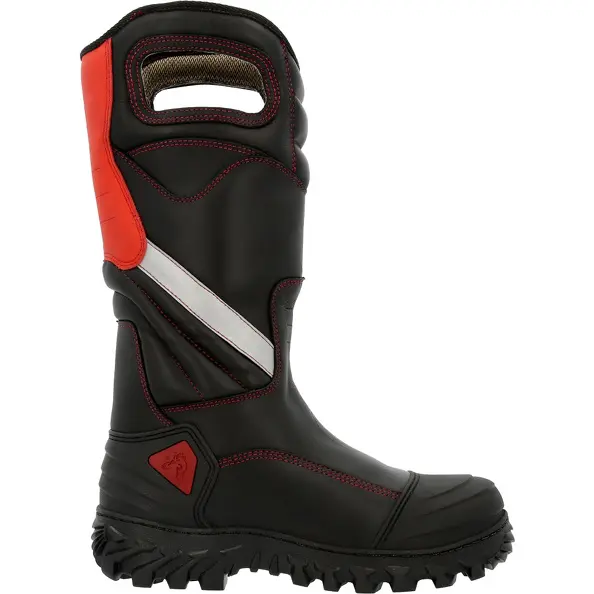 Black leather firefighter boots with red accents.