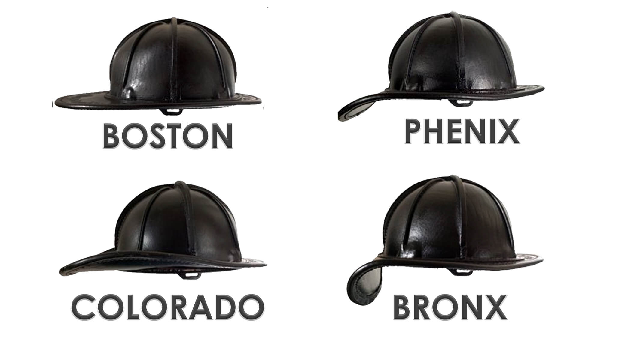 Four black firefighter helmets with different styles.