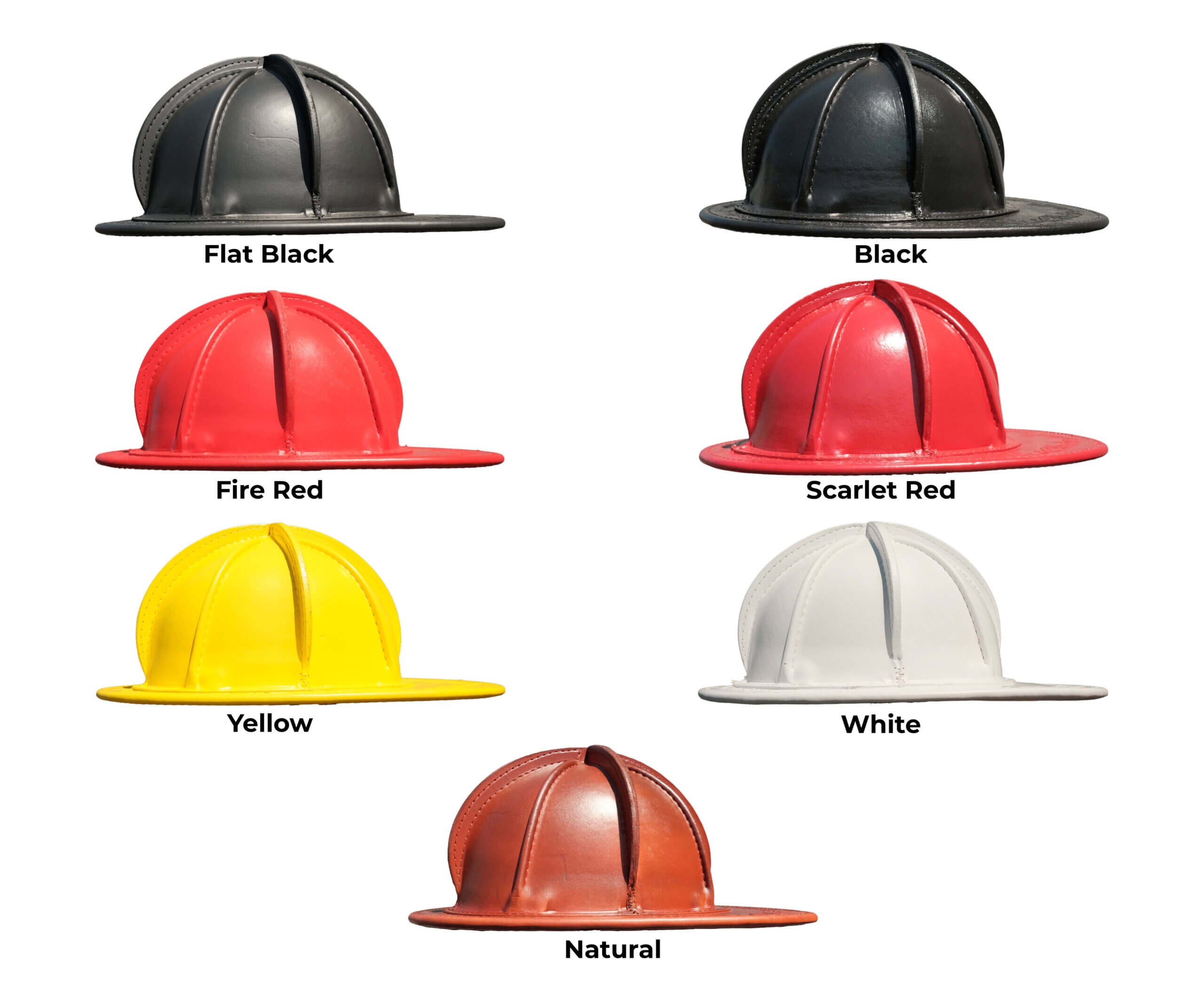 Colored firefighter helmets on display.