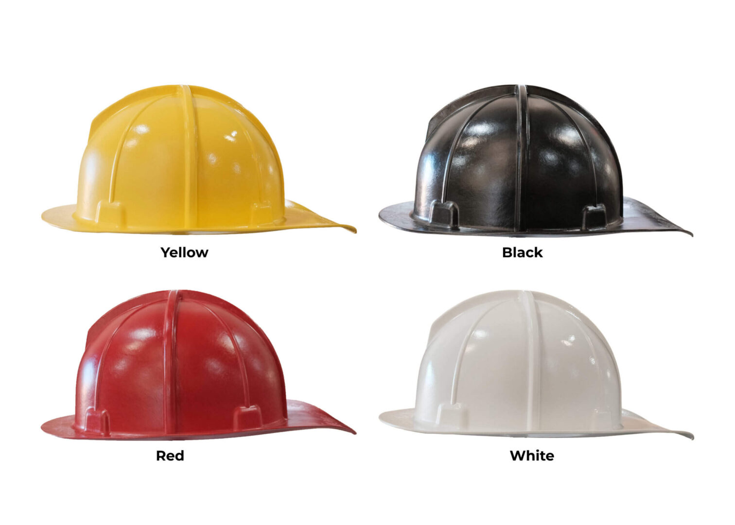 Four colored hard hats: yellow, black, red, white.