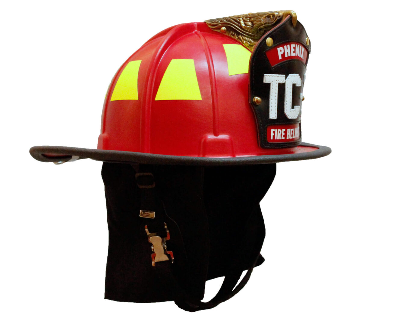 Red firefighter helmet with yellow accents.